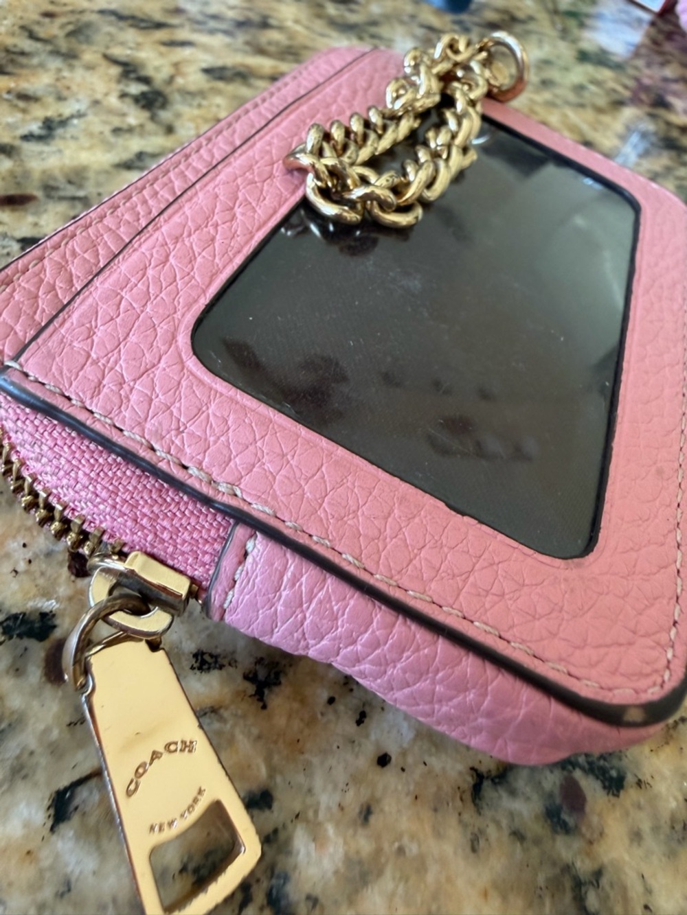 Coach Pink Pebbled Leather Card Holder Wallet Wristlet gold Chain Id 🪪 holder - Picture 8 of 17
